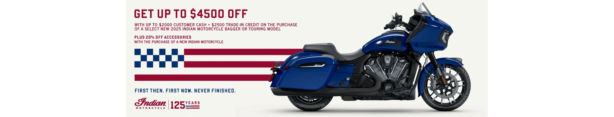 Promotion: Get up to $4500 off from Customer Cash & Trade-In Credits or 1.99% for 36 months on select 2025 Bagger or Touring Models