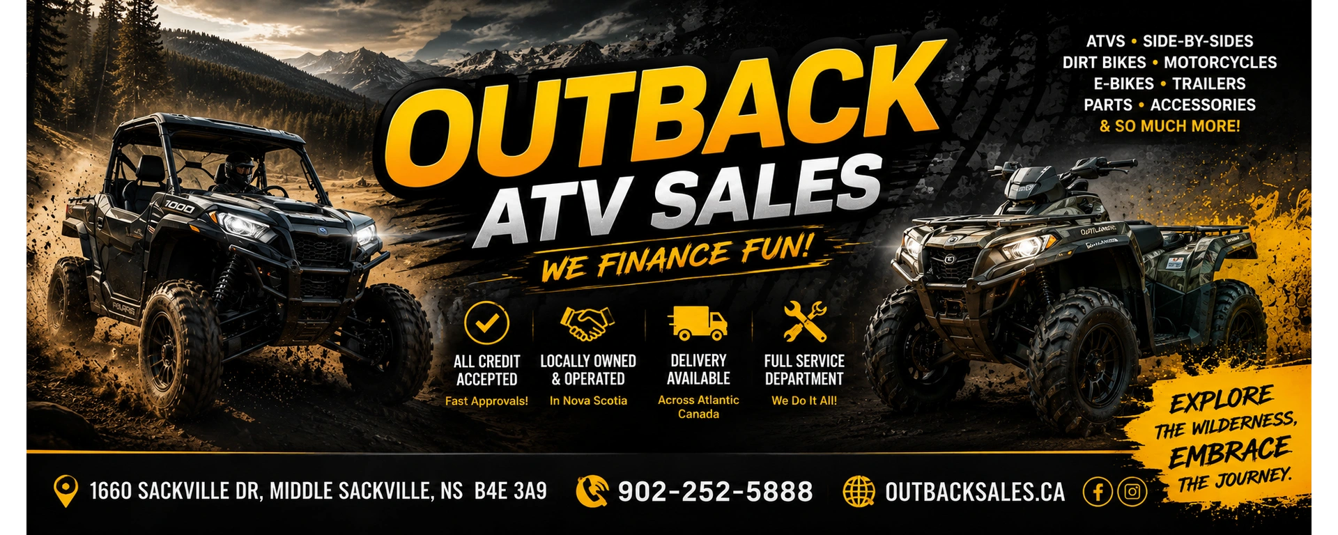 Outback ATV Sales is your trusted powersports dealership in Middle Sackville, Nova Scotia, proudly serving customers throughout Atlantic Canada. We offer an extensive selection of new and used ATVs, side-by-sides (UTVs), motorcycles, dirt bikes, elec alt