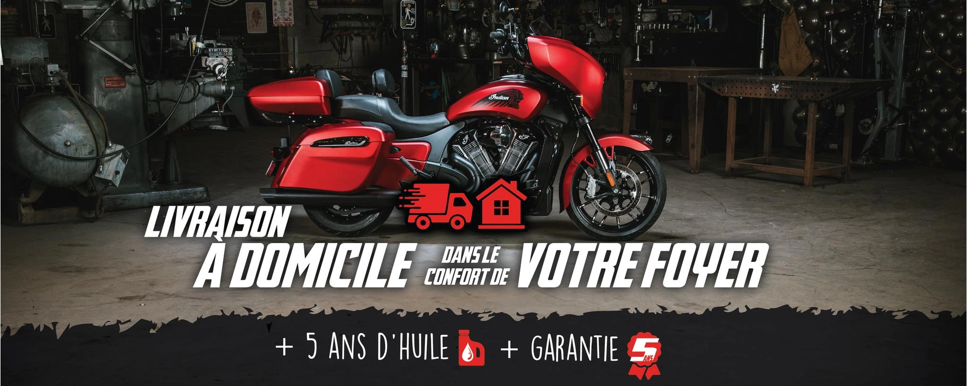 À l'achat d'une moto neuve Indian, livraison domicile et 5 ans huilet et garantie alt