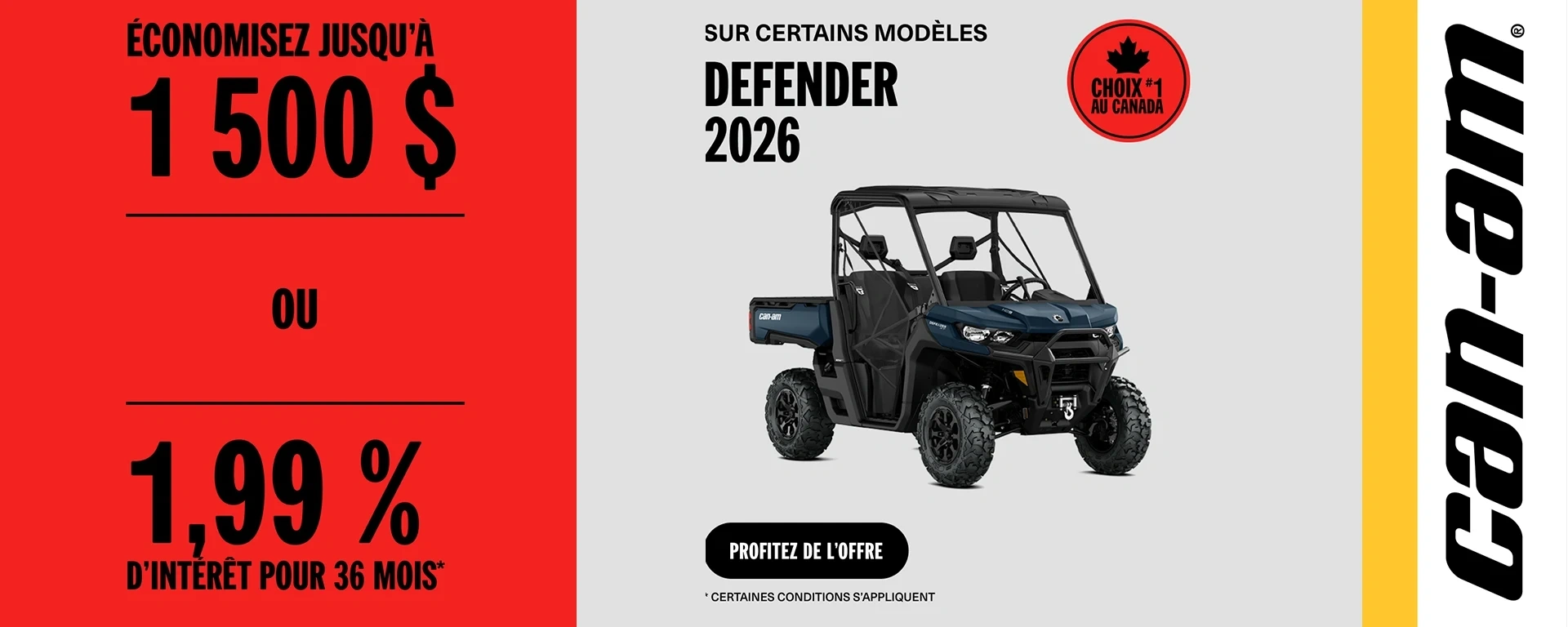 Économisez jusqu'à 1 500 $ ou 1,99% pour 36 mois sur certains modèles Can-Am Defender 2026 alt