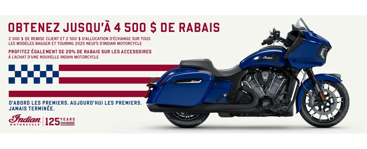 Offre promotionnelle : bénéficiez d'une remise pouvant aller jusqu'à 4 500 $ grâce aux crédits « Customer Cash » et de reprise, ou d'un taux de 1,99 % sur 36 mois sur une sélection de modèles Bagger ou Touring 2025.