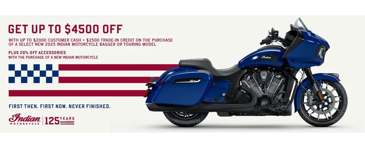 Promotion: Get up to $4500 off from Customer Cash & Trade-In Credits or 1.99% for 36 months on select 2025 Bagger or Touring Models