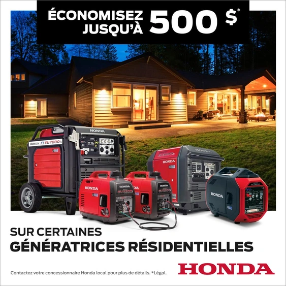 Économisez jusqu'à 500$ sur les Génératrices Honda alt