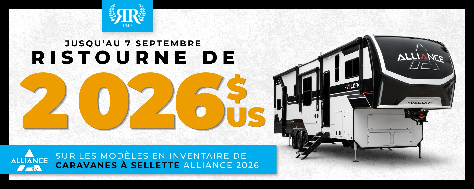 Ristourne de 2026$us sur les caravanes à sellette Alliance 2026 en inventaire alt