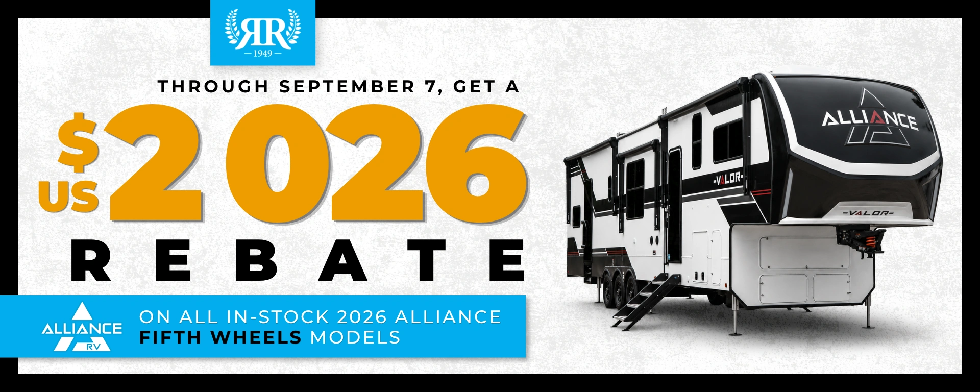 us$2026 rabate on in-stock 2026 Alliance Fifth Wheels alt