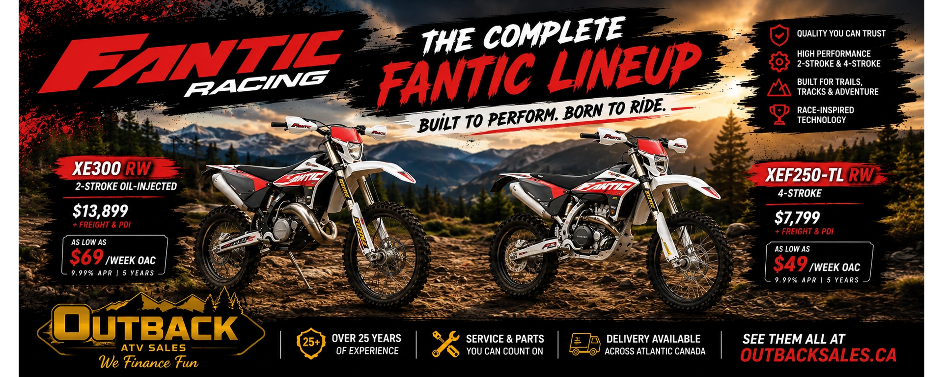 Explore the Fantic dirt bike lineup at Outback ATV Sales, featuring high-performance 2-stroke and 4-stroke models built for trails, tracks, and adventure. alt