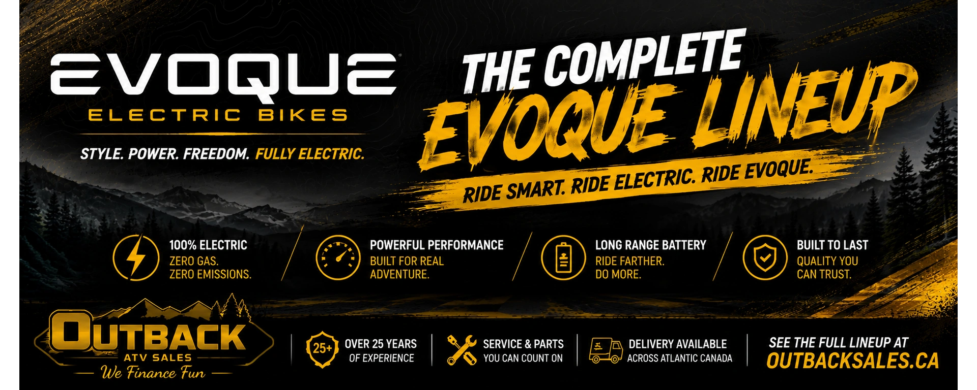 Explore the Evoque electric bike lineup at Outback ATV Sales, featuring stylish, powerful e-bikes built for commuting, recreation, and everyday adventure. alt