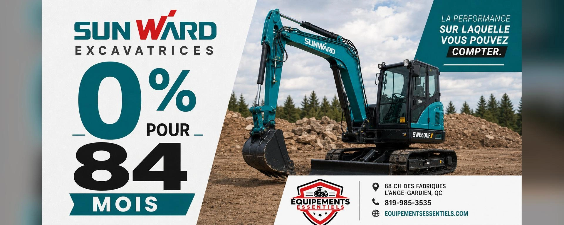 Sunward – Financement 0 % pendant 84 mois Profitez d’un financement à 0 % pendant 84 mois sur les excavatrices Sunward admissibles. Découvrez des machines performantes, durables et conçues pour accomplir vos travaux efficacement. Passez nous voir po alt