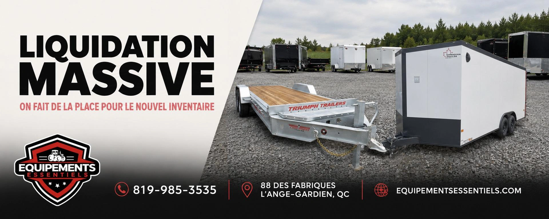Liquidation massive de remorques Nous faisons de la place pour le nouvel inventaire! Profitez de notre liquidation massive sur une sélection de remorques ouvertes et fermées. Plusieurs formats et configurations sont disponibles pour répondre à vos b alt