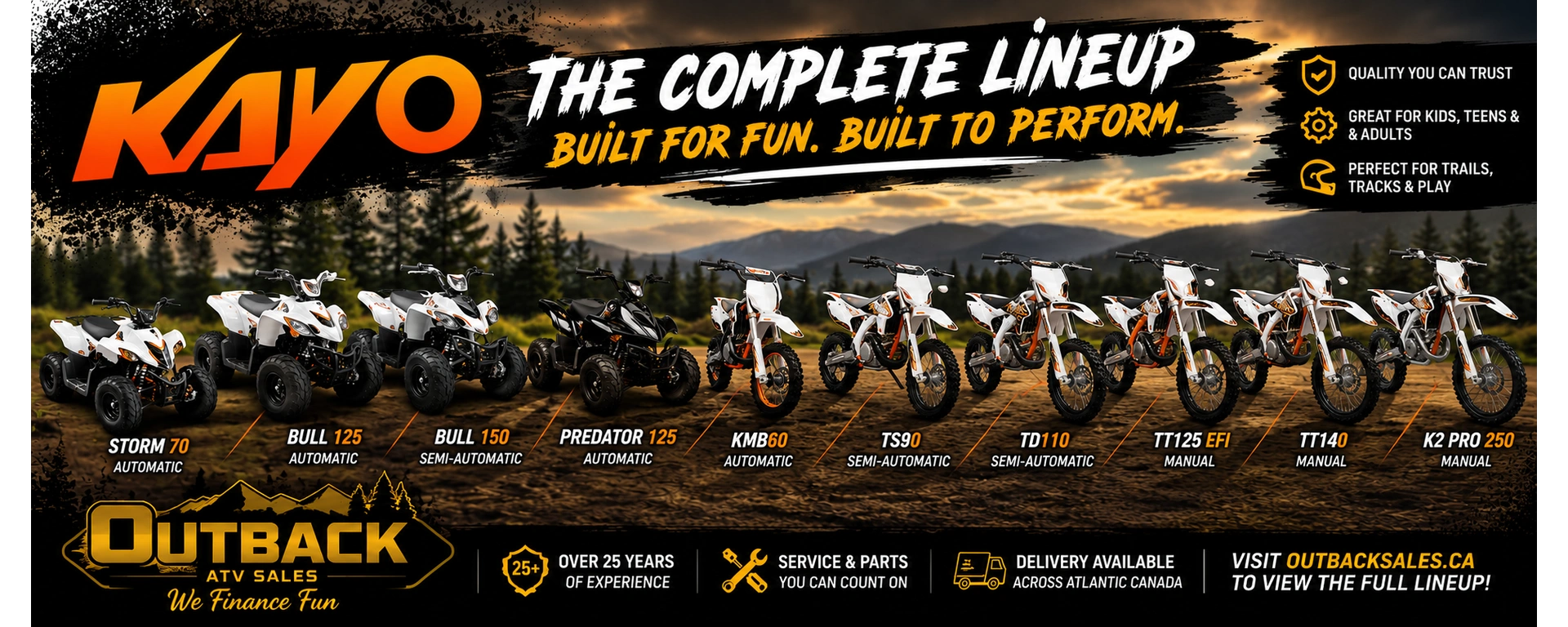 Explore the Kayo ATV and dirt bike lineup at Outback ATV Sales, with fun, reliable off-road machines for kids, teens, and adults. alt