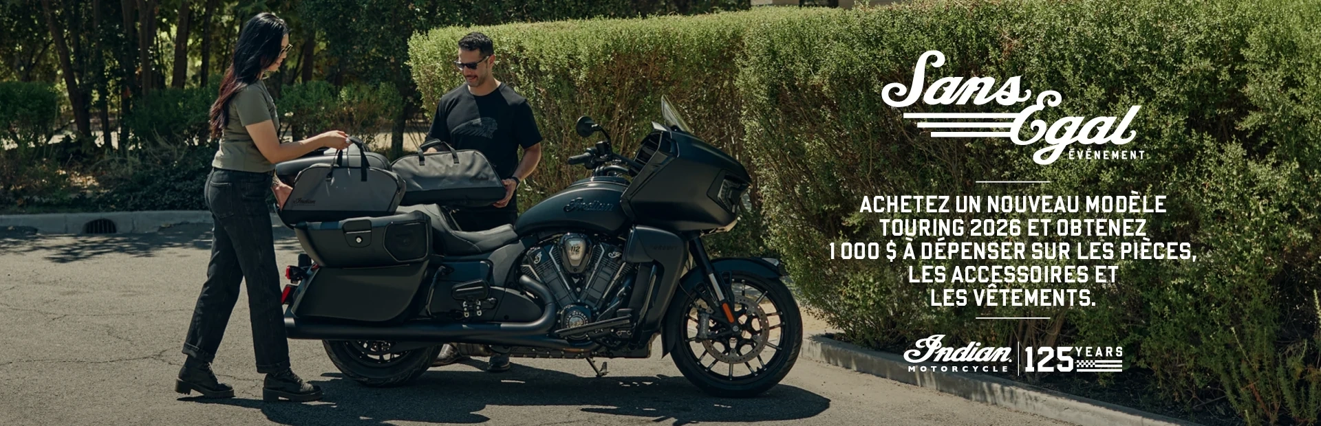 1 000 $ de rabais sur les pièces, accessoires, vêtements et équipements à l’achat d’une nouvelle moto Indian Pursuit ou Roadmaster alt
