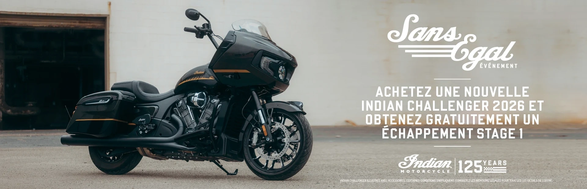 Recevez gratuitement un kit slip-on Stage 1 à l’achat d’une toute nouvelle Indian Motorcycle Challenger. alt