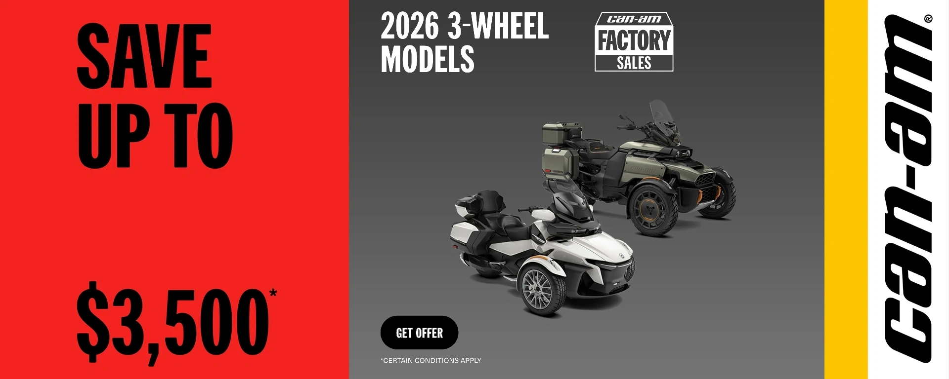 Get a rebate up to $3,500 on select MY26 Can-Am 3WV alt