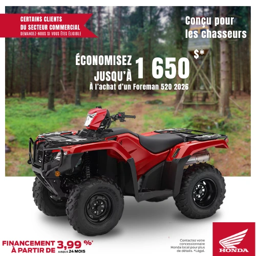 Économisez jusqu'à 1650$ sur un VTT Honda Foreman 520 2026 alt