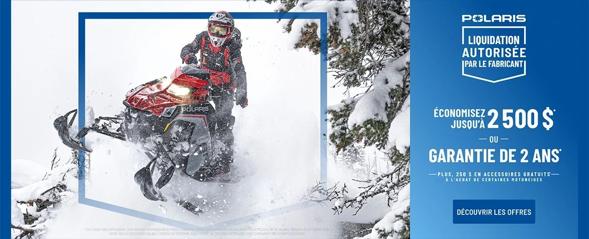 Polaris Snowmobiles offre jusqu'à 2 500 $ de rabais OU une garantie de 2 ans sur certains motoneiges dans le cadre du déstockage autorisé en usine.