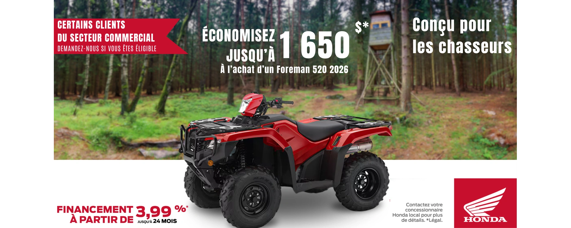 Économisez jusqu'à 1650$ de rabais à l'achat d'un VTT Honda Foreman 520 2026 alt