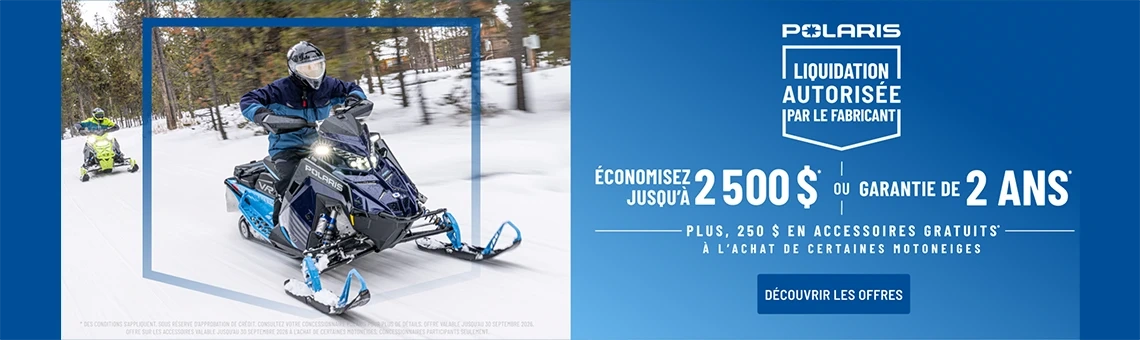 Polaris Snowmobiles is offering up to $2,500 off OR a 2-year warranty on select snowmobiles for Factory Authorized Clearance.