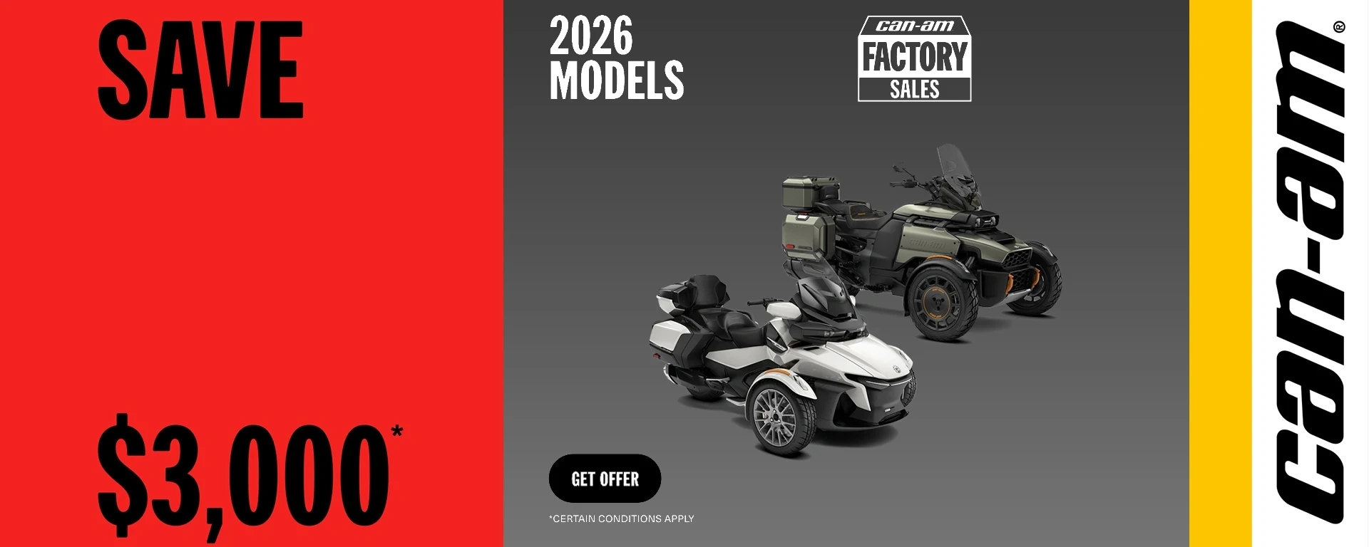 Get a rebate up to $3,000 on select MY26 Can-Am 3WV alt