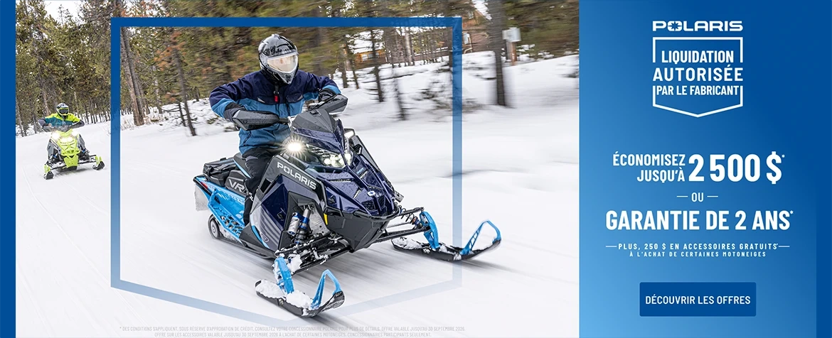 Polaris Snowmobiles is offering up to $2,500 off OR a 2-year warranty on select snowmobiles for Factory Authorized Clearance.