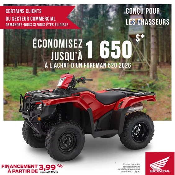 Économisez jusqu'à 1650$ sur un VTT Honda Foreman 520 2026 alt