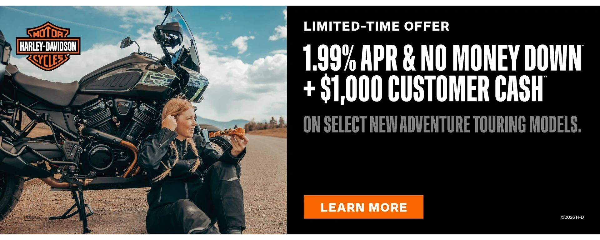1.99% APR AND NO MONEY DOWN + $1,000 CUSTOMER CASH ON SELECT NEW ADVENTURE TOURING MODELS alt