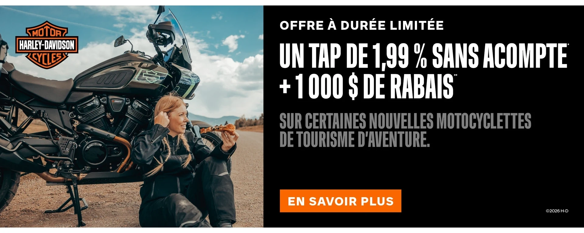 UN TAP DE 1,99 % SANS ACOMPTE + 1 000 $ DE RABAIS SUR CERTAINES NOUVELLES MOTOCYCLETTES DE TOURISME D’AVENTURE alt