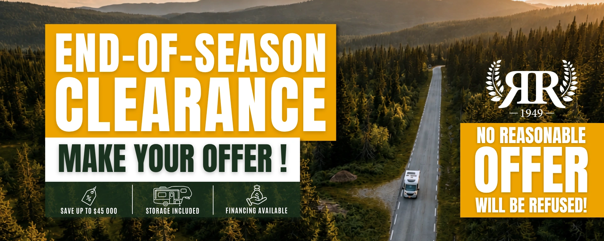 End-of-season clearance at Roulottes Rémillard: save up to $45,000, with storage included and financing available.