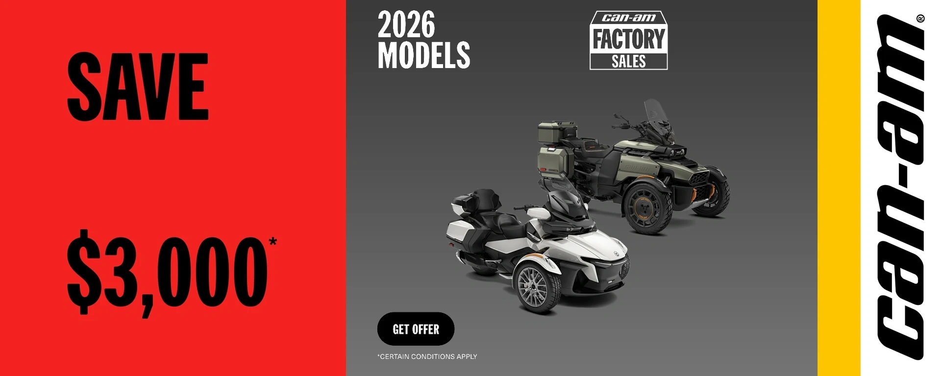 Get a rebate up to $3,000 on select MY26 Can-Am 3WV alt