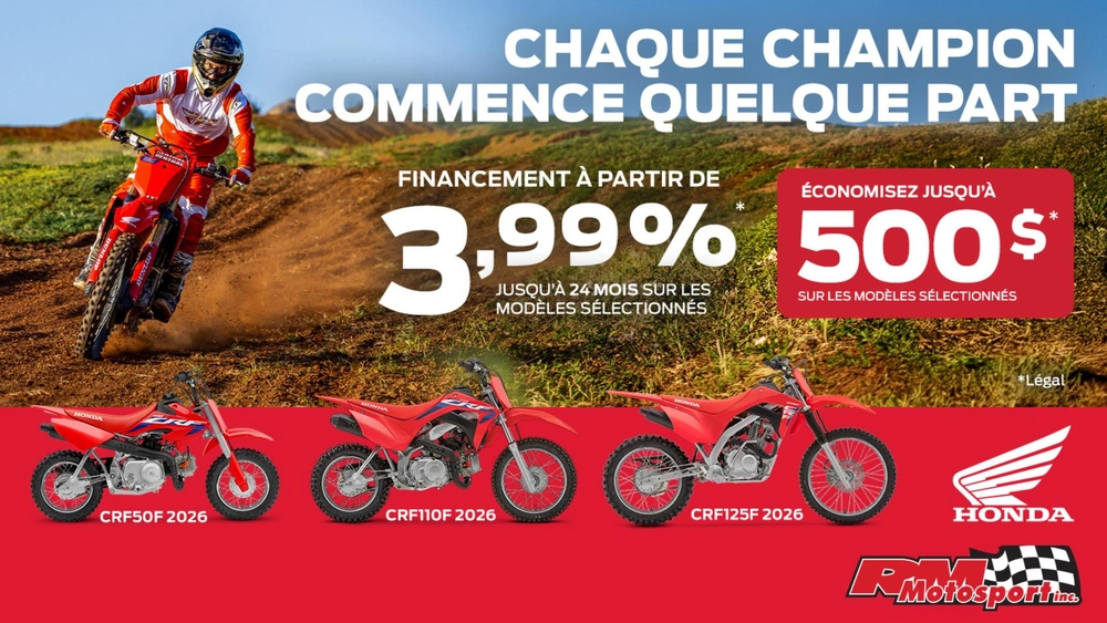 Rabais sur les motos Honda CRF 2026 | RM Motosport alt