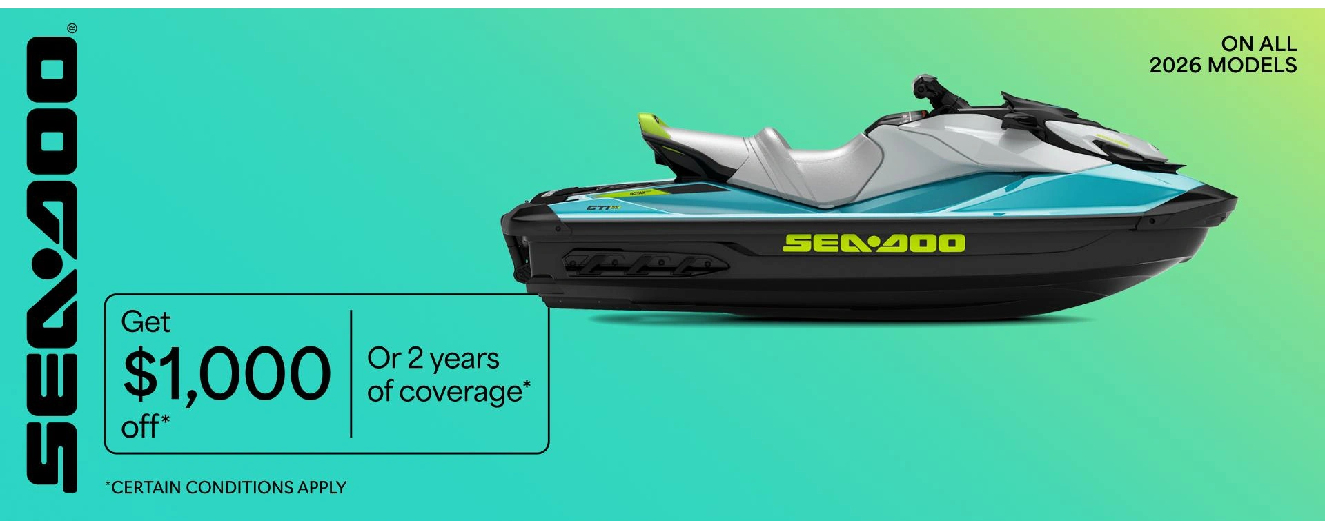 $1,000 off or 2 years coverage, 2026 Sea-Doo alt