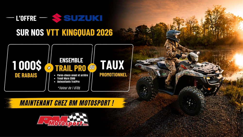 Suzuki KingQuad : 1 000 $ de rabais + Ensemble Trail Pro alt