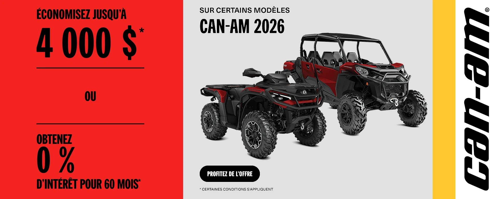 Économisez jusqu’à 4 000 $ ou obtenez 0% d’intérêt pour 60 mois sur certains modèles Can-Am 2026 alt