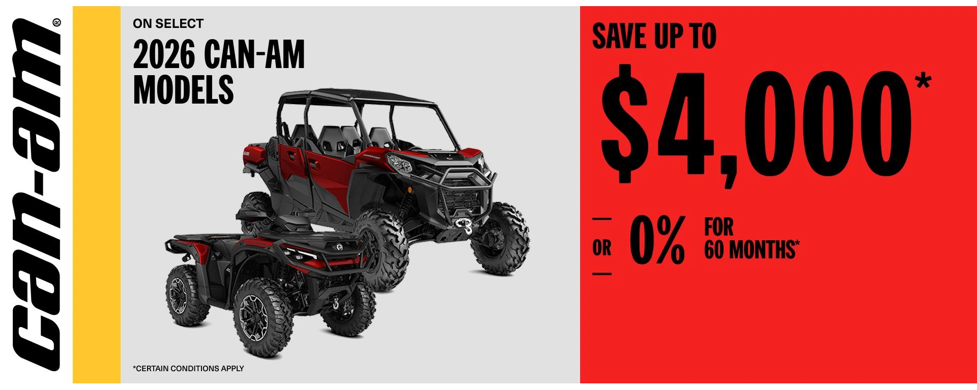 Up to $4,000 off or 0% for 60 months, select 2026 Can-Am alt