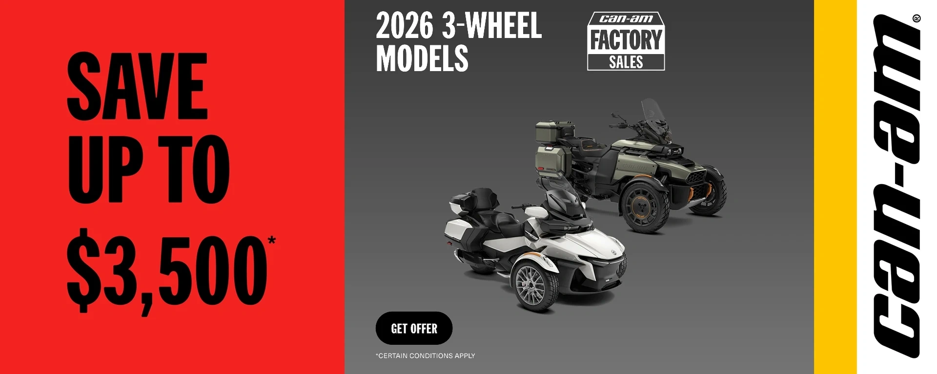Get a rebate up to $3,500 on select MY26 Can-Am 3WV alt
