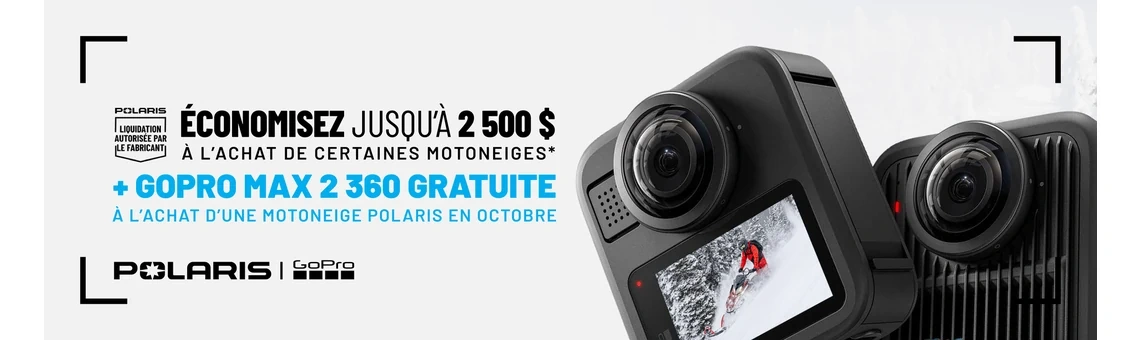 Polaris Snowmobiles offre jusqu'à 2 500 $ de rabais, PLUS une caméra GoPro Max 2 360 gratuite, à l'achat de certaines motoneiges pendant le mois d'octobre seulement.