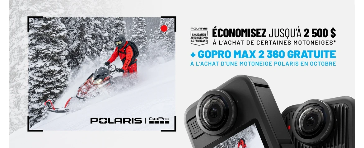 Polaris Snowmobiles offre jusqu'à 2 500 $ de rabais, PLUS une caméra GoPro Max 2 360 gratuite, à l'achat de certaines motoneiges pendant le mois d'octobre seulement.