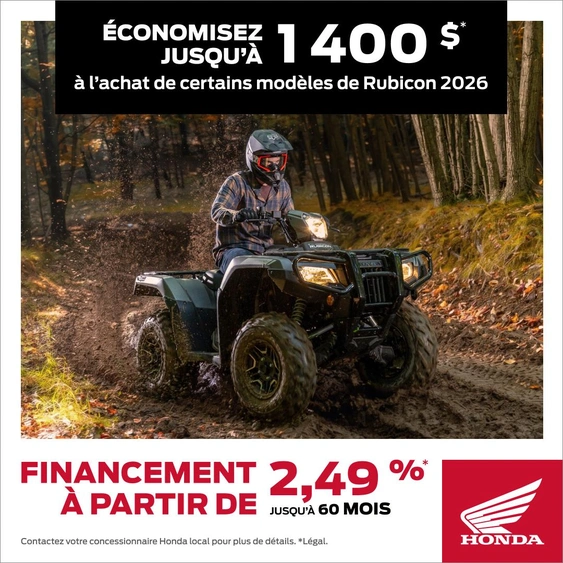 Économisez jusqu'à 1400$ de rabais à l'achat d'un VTT Honda Rubicon 2026 alt
