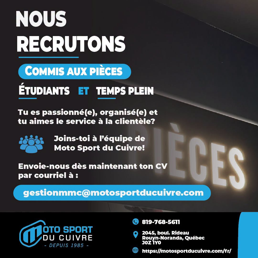 Offre d'emploi commis aux pièces chez Moto Sport du Cuivre