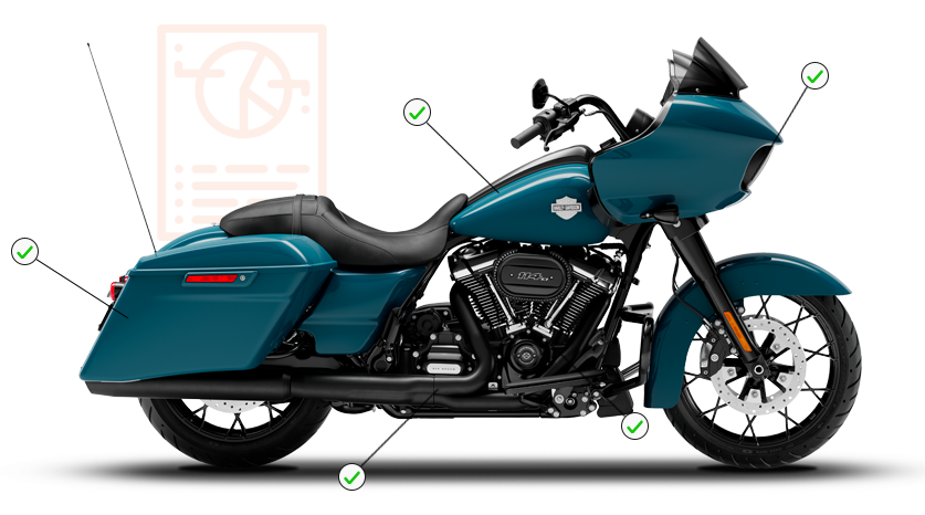 Harley-Davidson motorcycle with inspection highlights