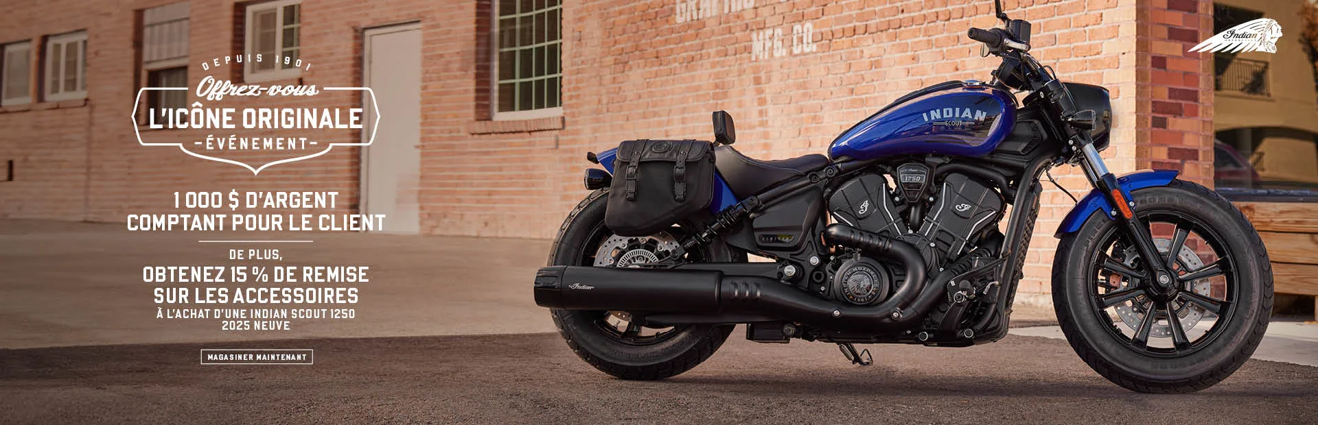 Recevez 1000 $ en remise client à l’achat d’un modèle Indian Scout 1250 de 2025.