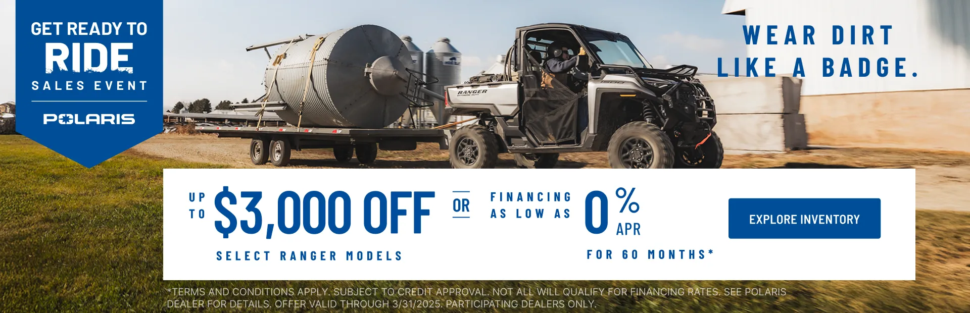 Polaris RANGER up to $3000 Off Select Models.  Financing as Low as 0% for 60  months.