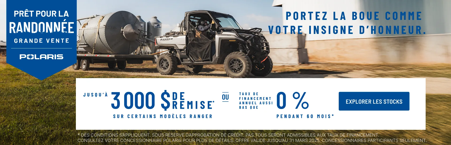 Polaris RANGER jusqu'à 3 000 $ de rabais sur certains modèles. Financement aussi bas que 0 % pendant 60 mois.