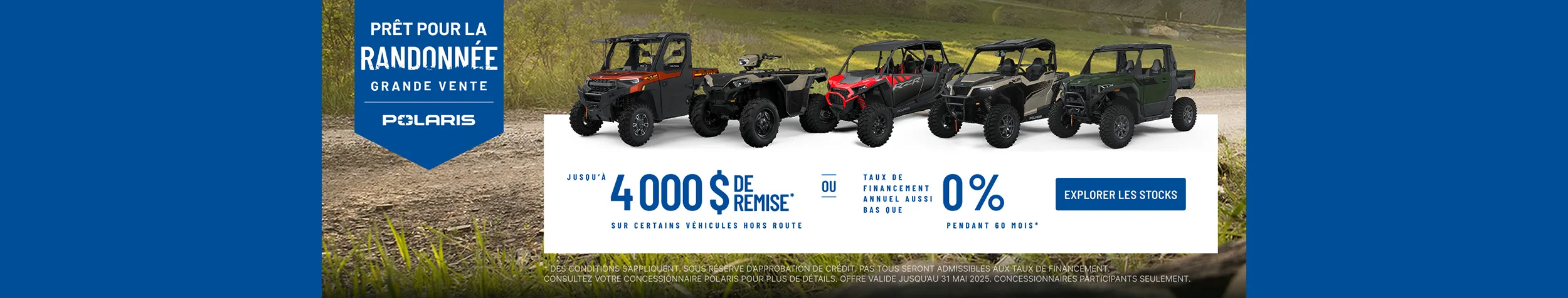4 000 $ de remise sur certains véhicules hors route. Taux de financement aussi bas que 0 % pendant 60 mois.