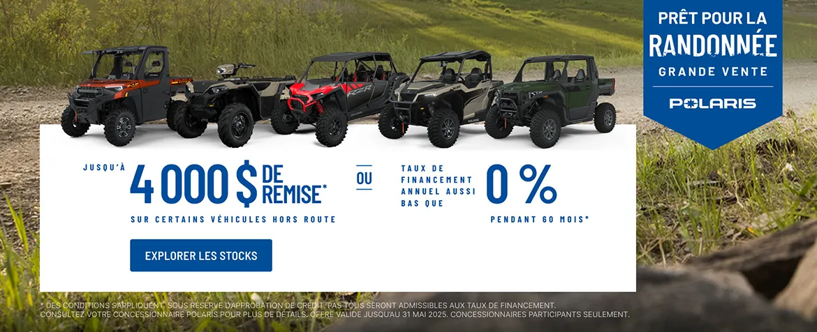 4 000 $ de remise sur certains véhicules hors route. Taux de financement aussi bas que 0 % pendant 60 mois.