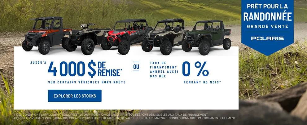 4 000 $ de remise sur certains véhicules hors route. Taux de financement aussi bas que 0 % pendant 60 mois.