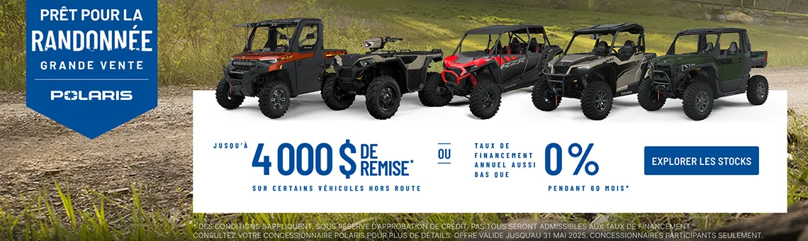 4 000 $ de remise sur certains véhicules hors route. Taux de financement aussi bas que 0 % pendant 60 mois.