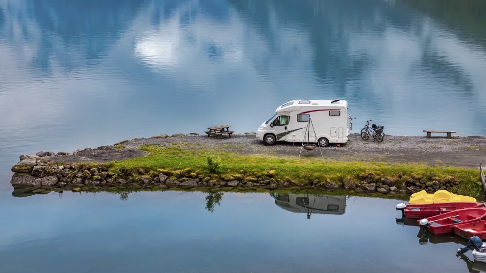 Un VR sur un rive au milieu d'un lac.