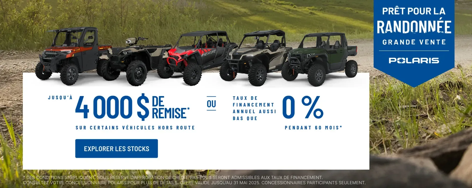 4 000 $ de remise sur certains véhicules hors route. Taux de financement aussi bas que 0 % pendant 60 mois. alt