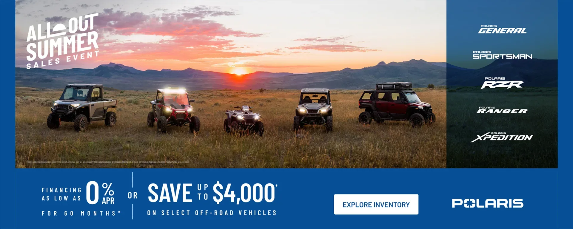 Polaris UTVs and ATVs on sale up to $4000 Off Select Off-Road Vehicles Financing as Low as 0% for 60 months. alt