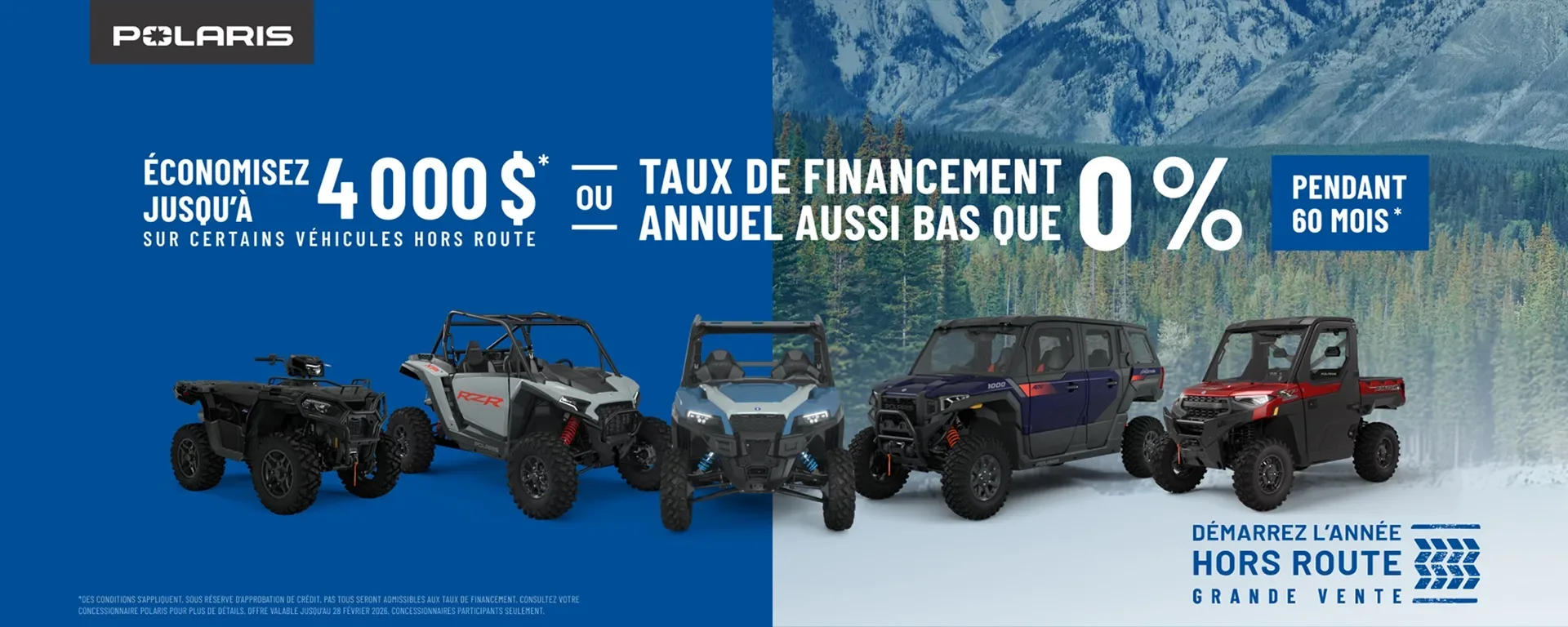"4 000 $ de remise sur certains véhicules hors route. Taux de financement aussi bas que 0% pendant 60 mois." alt